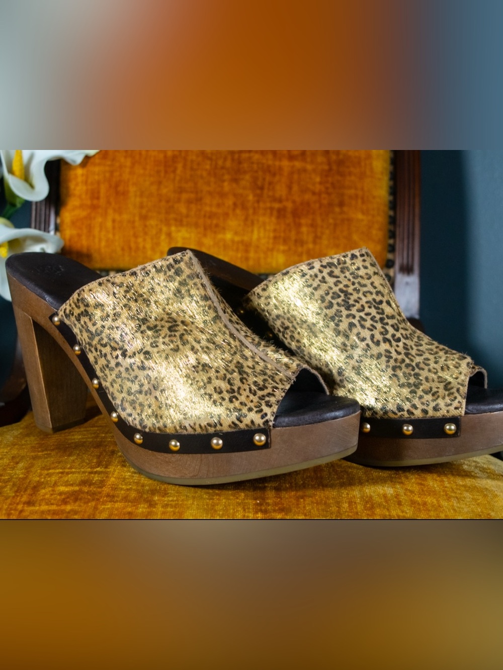 SIZE 12 Vintage Ugg Leopard Print Metallic Platform Mules